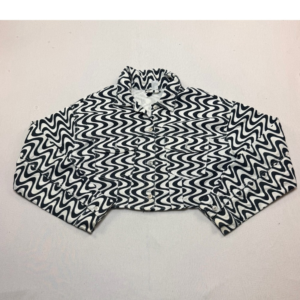 H&M Divided Cropped Jacket Women Medium Black White Excellent Wavy Psychedelic